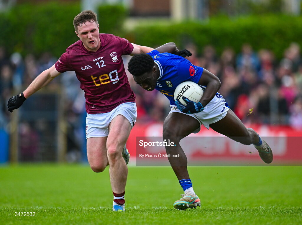 30 May 2026; Emmanuel Shehu of Cavan in action against Conor Dillon of Westmeath during the GAA Football All-Ireland Senior Championship Round 1 match between Westmeath and Cavan at TEG Cusack Park in Mullingar, Westmeath. Photo by Piaras Ó Mídheach/Sportsfile