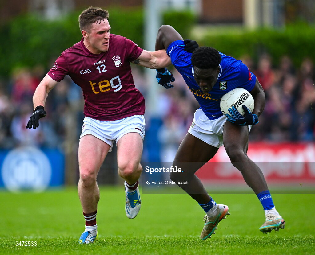 30 May 2026; Emmanuel Shehu of Cavan in action against Conor Dillon of Westmeath during the GAA Football All-Ireland Senior Championship Round 1 match between Westmeath and Cavan at TEG Cusack Park in Mullingar, Westmeath. Photo by Piaras Ó Mídheach/Sportsfile