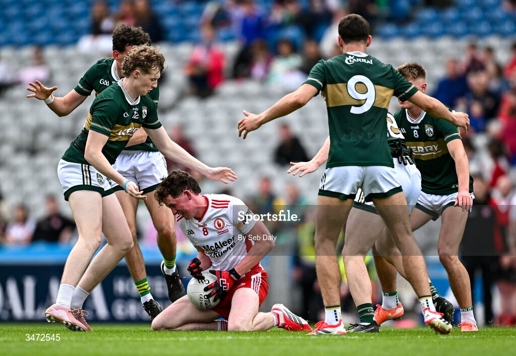 30 May 2026; Enda Donaghy of Tyrone is surrounded by several Kerry players during the Dalata Hotels Group GAA Football All-Ireland U20 Championship final match between Kerry and Tyrone at Croke Park in Dublin. Photo by Seb Daly/Sportsfile