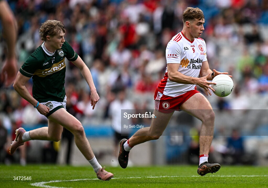 30 May 2026; Conor O'Neill of Tyrone in action against Killian Dennehy of Kerry during the Dalata Hotels Group GAA Football All-Ireland U20 Championship final match between Kerry and Tyrone at Croke Park in Dublin. Photo by Seb Daly/Sportsfile