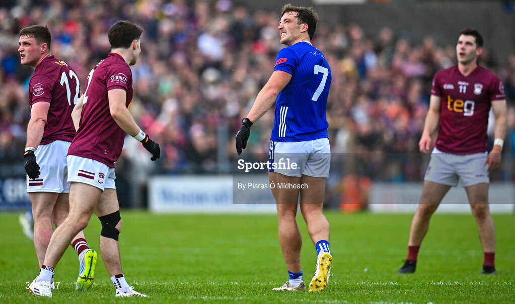 30 May 2026; Conor Brady of Cavan reacts after kicking a wide during the GAA Football All-Ireland Senior Championship Round 1 match between Westmeath and Cavan at TEG Cusack Park in Mullingar, Westmeath. Photo by Piaras Ó Mídheach/Sportsfile