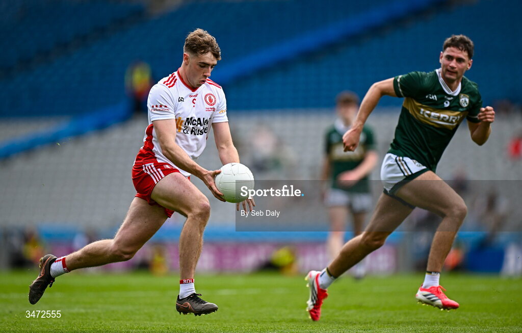 30 May 2026; Conor O'Neill of Tyrone in action against Evan Boyle of Kerry during the Dalata Hotels Group GAA Football All-Ireland U20 Championship final match between Kerry and Tyrone at Croke Park in Dublin. Photo by Seb Daly/Sportsfile