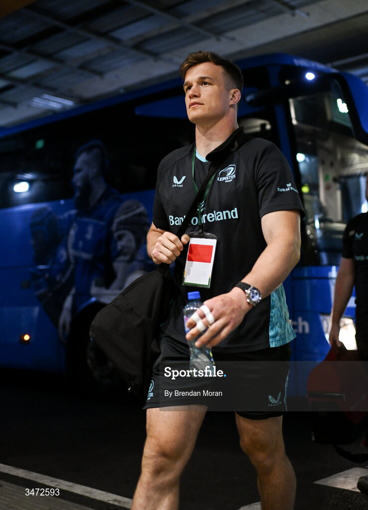 30 May 2026; Josh van der Flier of Leinster arrives before the United Rugby Championship quarter-final match between Leinster and Lions at the Aviva Stadium in Dublin. Photo by Brendan Moran/Sportsfile Photo by Brendan Moran/Sportsfile