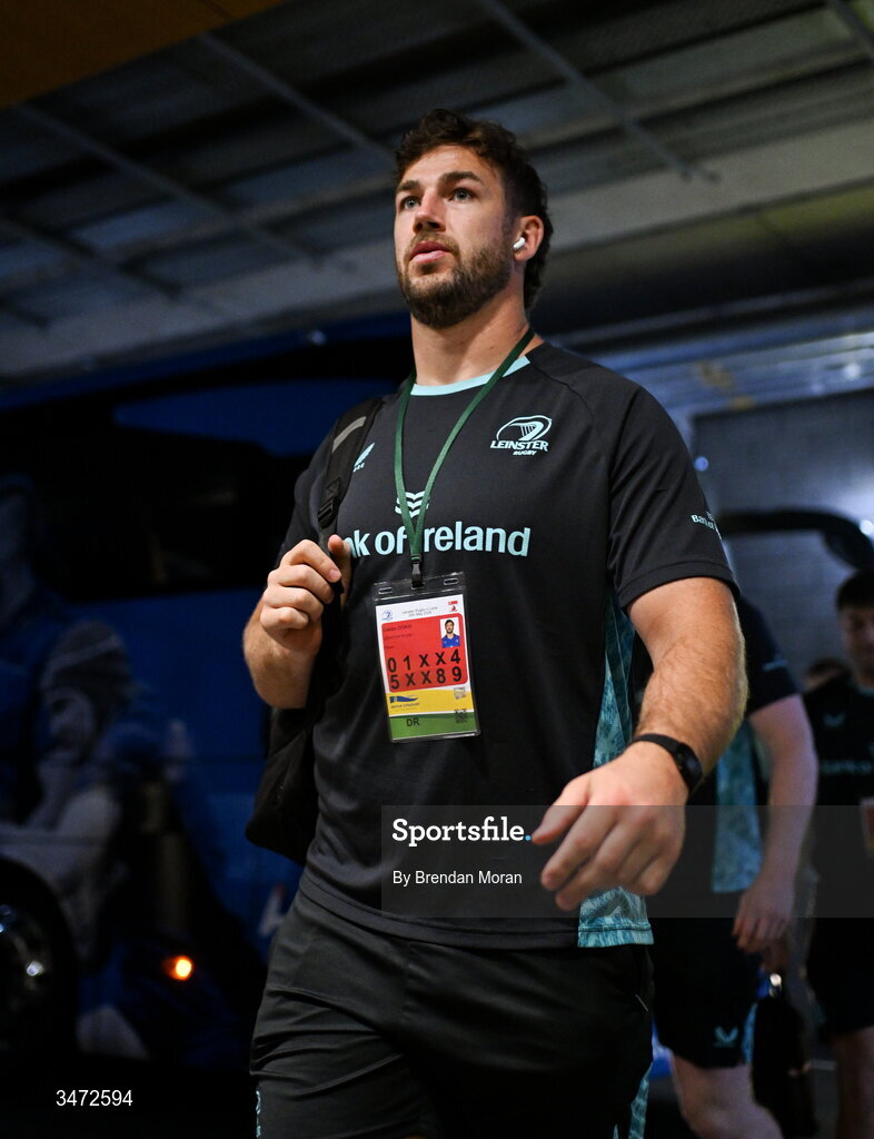 30 May 2026; Caelan Doris of Leinster arrives before the United Rugby Championship quarter-final match between Leinster and Lions at the Aviva Stadium in Dublin. Photo by Brendan Moran/Sportsfile Photo by Brendan Moran/Sportsfile