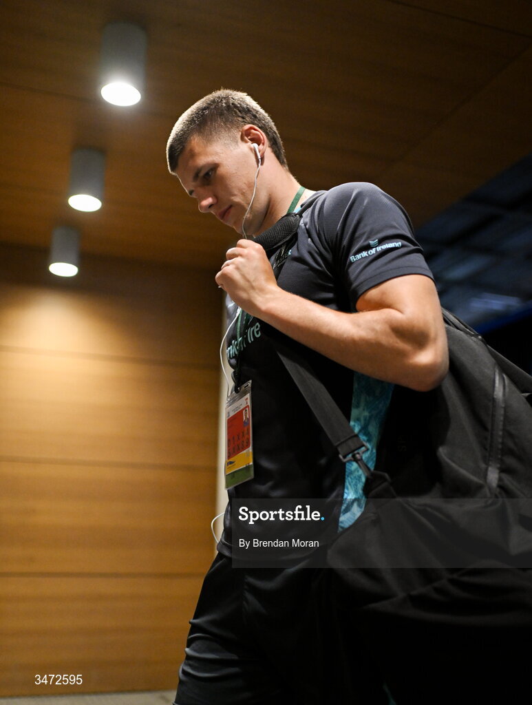 30 May 2026; Sam Prendergast of Leinster arrives before the United Rugby Championship quarter-final match between Leinster and Lions at the Aviva Stadium in Dublin. Photo by Brendan Moran/Sportsfile Photo by Brendan Moran/Sportsfile