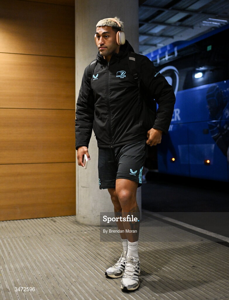 30 May 2026; Rieko Ioane of Leinster arrives before the United Rugby Championship quarter-final match between Leinster and Lions at the Aviva Stadium in Dublin. Photo by Brendan Moran/Sportsfile Photo by Brendan Moran/Sportsfile