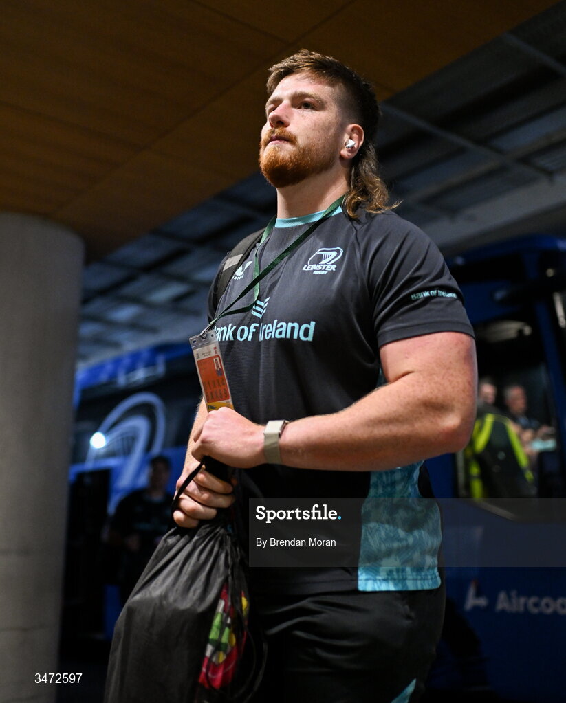 30 May 2026; Joe McCarthy of Leinster arrives before the United Rugby Championship quarter-final match between Leinster and Lions at the Aviva Stadium in Dublin. Photo by Brendan Moran/Sportsfile Photo by Brendan Moran/Sportsfile
