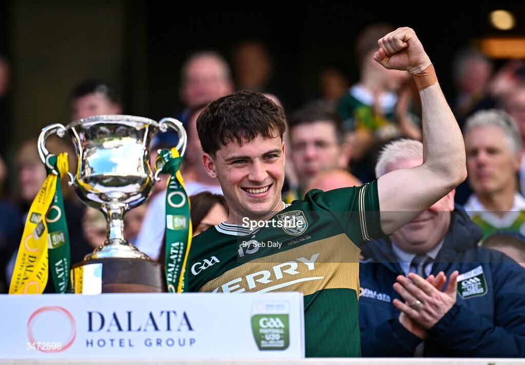 30 May 2026; Kerry captain Paddy Lane with the Clarke Cup after his side's victory in the Dalata Hotels Group GAA Football All-Ireland U20 Championship final match between Kerry and Tyrone at Croke Park in Dublin. Photo by Seb Daly/Sportsfile
