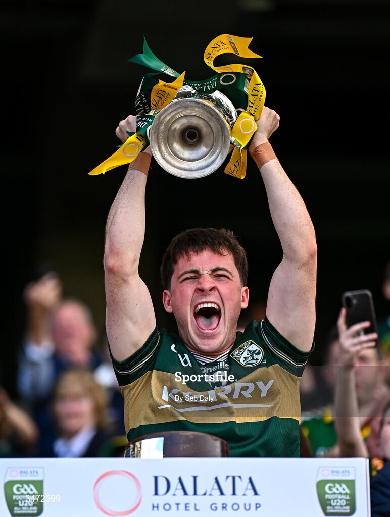 30 May 2026; Kerry captain Paddy Lane lifts the Clarke Cup after his side's victory in the Dalata Hotels Group GAA Football All-Ireland U20 Championship final match between Kerry and Tyrone at Croke Park in Dublin. Photo by Seb Daly/Sportsfile