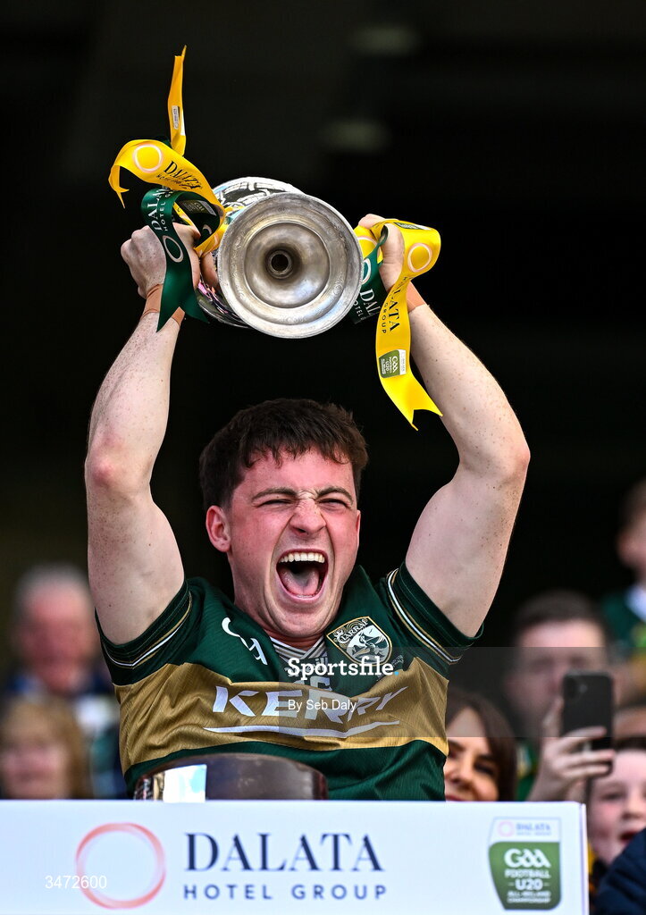 30 May 2026; Kerry captain Paddy Lane lifts the Clarke Cup after his side's victory in the Dalata Hotels Group GAA Football All-Ireland U20 Championship final match between Kerry and Tyrone at Croke Park in Dublin. Photo by Seb Daly/Sportsfile