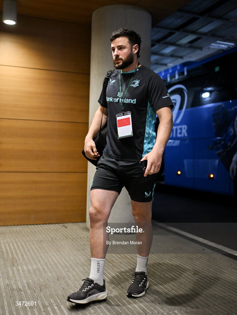 30 May 2026; Robbie Henshaw of Leinster arrives before the United Rugby Championship quarter-final match between Leinster and Lions at the Aviva Stadium in Dublin. Photo by Brendan Moran/Sportsfile Photo by Brendan Moran/Sportsfile