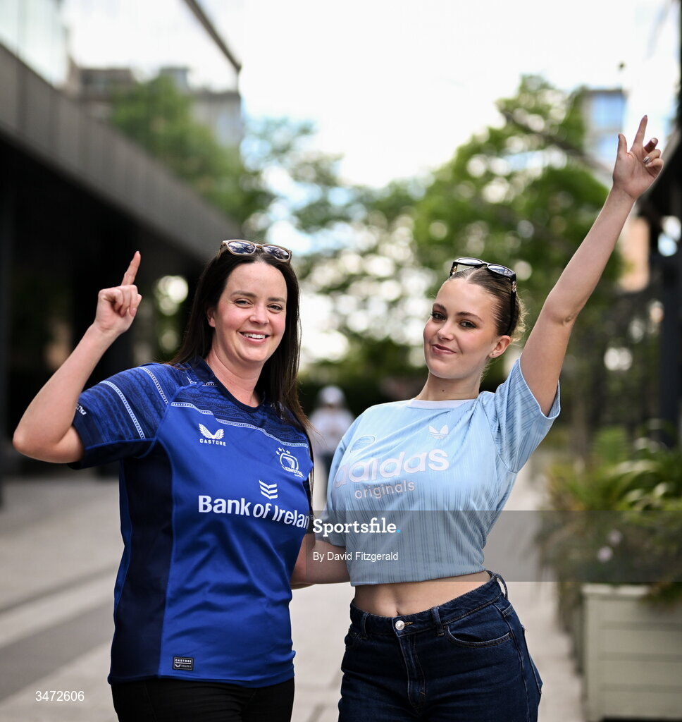 30 May 2026; Leinster supporters Julie Brereton, left, and Rachel Coe from Kildare before the United Rugby Championship quarter-final match between Leinster and Lions at the Aviva Stadium in Dublin. Photo by David Fitzgerald/Sportsfile