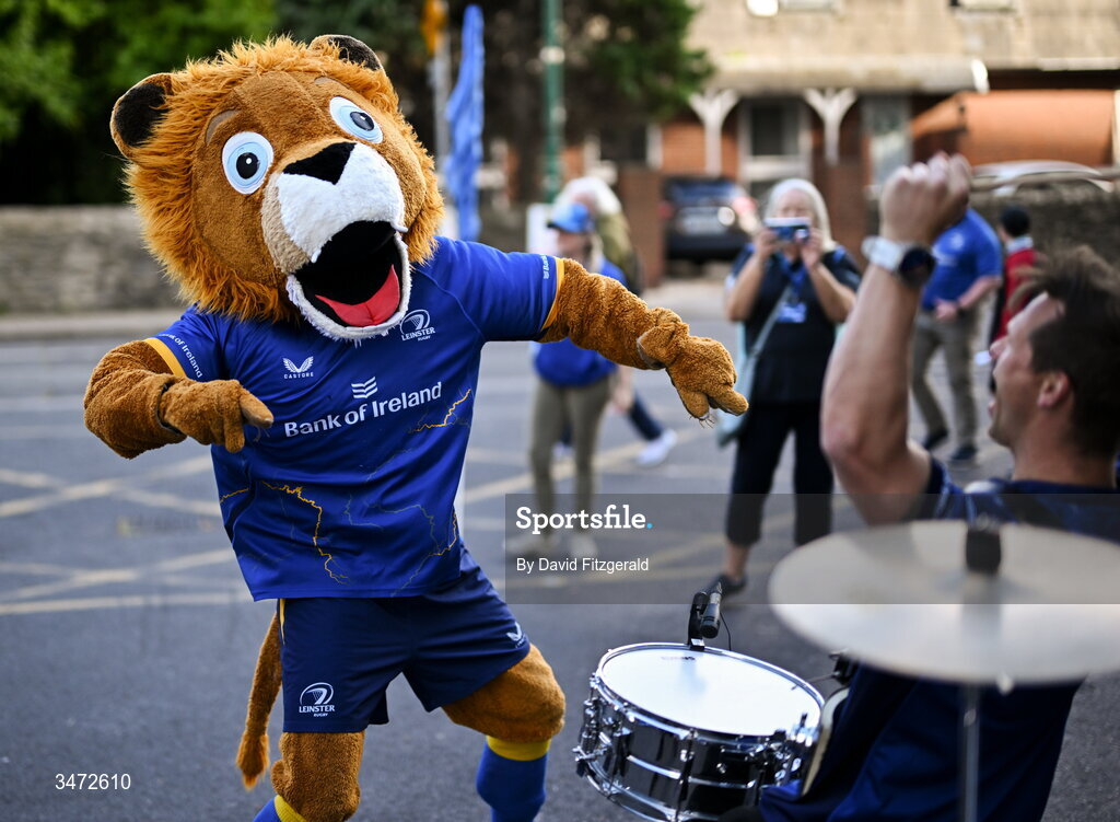 30 May 2026; Leinster mascot Leo the Lion dancing with drummers before the United Rugby Championship quarter-final match between Leinster and Lions at the Aviva Stadium in Dublin. Photo by David Fitzgerald/Sportsfile