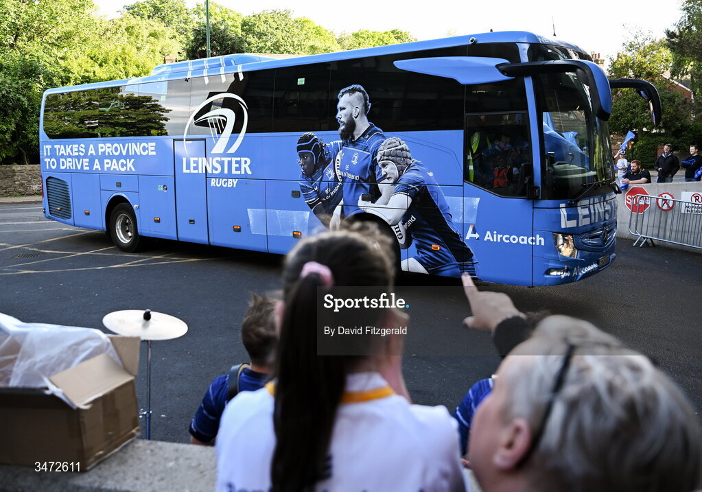 30 May 2026; The Leinster bus arrives before the United Rugby Championship quarter-final match between Leinster and Lions at the Aviva Stadium in Dublin. Photo by David Fitzgerald/Sportsfile