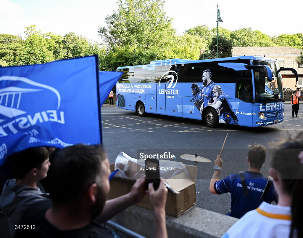 30 May 2026; The Leinster bus arrives before the United Rugby Championship quarter-final match between Leinster and Lions at the Aviva Stadium in Dublin. Photo by David Fitzgerald/Sportsfile