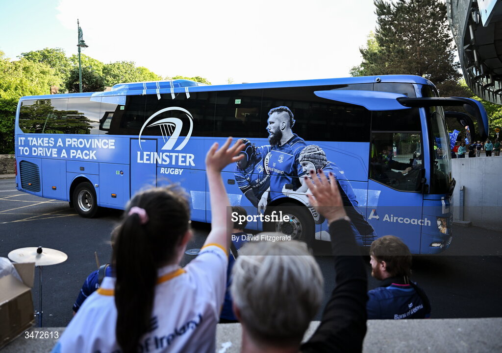 30 May 2026; The Leinster bus arrives before the United Rugby Championship quarter-final match between Leinster and Lions at the Aviva Stadium in Dublin. Photo by David Fitzgerald/Sportsfile