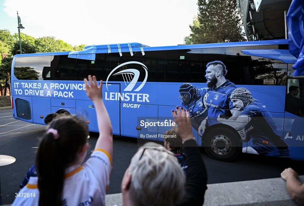 30 May 2026; The Leinster bus arrives before the United Rugby Championship quarter-final match between Leinster and Lions at the Aviva Stadium in Dublin. Photo by David Fitzgerald/Sportsfile