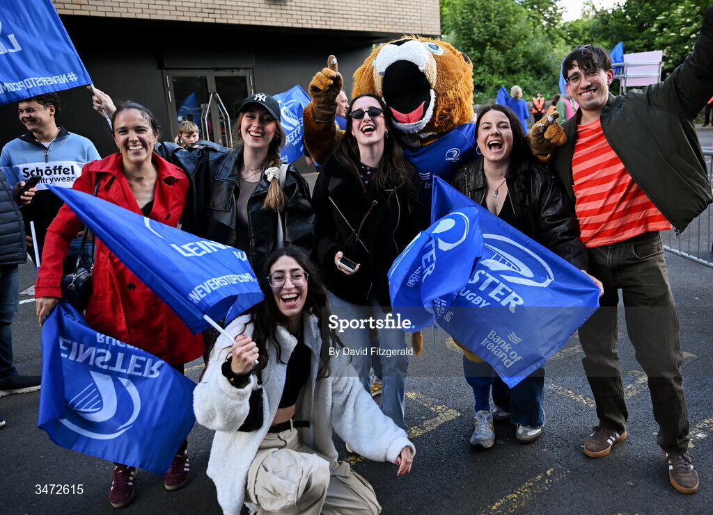 30 May 2026; Leinster supporters with mascot Leo the Lion before the United Rugby Championship quarter-final match between Leinster and Lions at the Aviva Stadium in Dublin. Photo by David Fitzgerald/Sportsfile