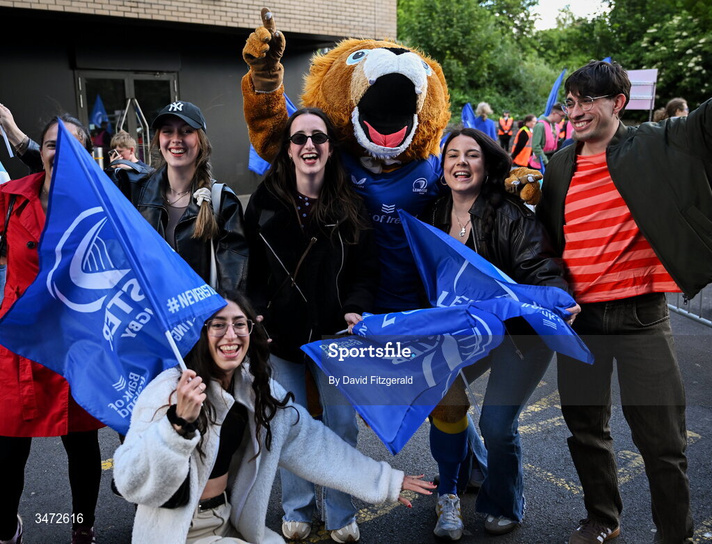 30 May 2026; Leinster supporters with mascot Leo the Lion before the United Rugby Championship quarter-final match between Leinster and Lions at the Aviva Stadium in Dublin. Photo by David Fitzgerald/Sportsfile