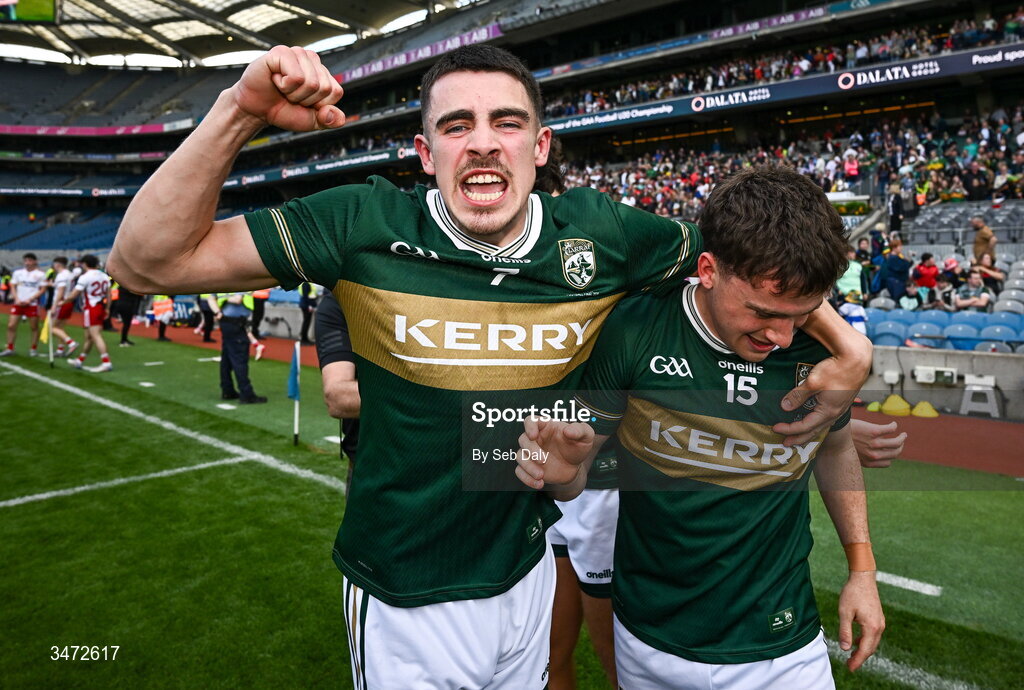 30 May 2026; Kerry players Pa Walsh, left, and Paddy Lane celebrate after their side's victory in the Dalata Hotels Group GAA Football All-Ireland U20 Championship final match between Kerry and Tyrone at Croke Park in Dublin. Photo by Seb Daly/Sportsfile