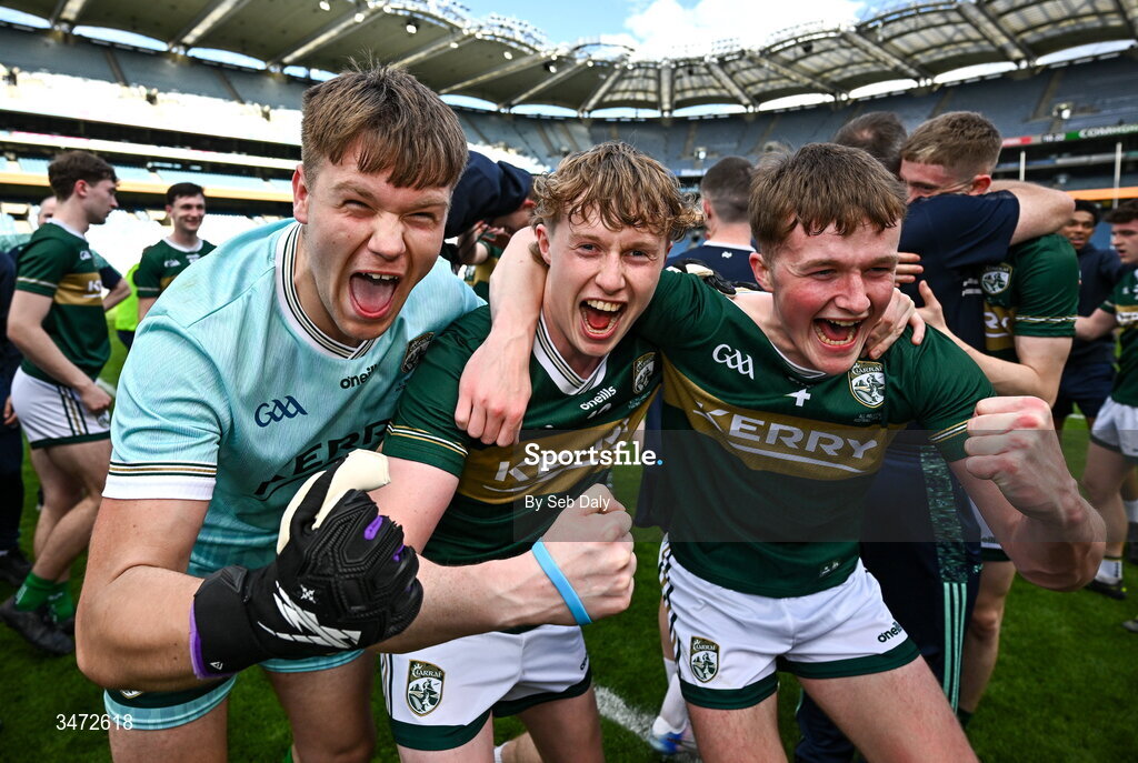 30 May 2026; Kerry players, from left, Kacper Robak, Killian Dennehy and Dara Stack celebrate after their side's victory in the Dalata Hotels Group GAA Football All-Ireland U20 Championship final match between Kerry and Tyrone at Croke Park in Dublin. Photo by Seb Daly/Sportsfile