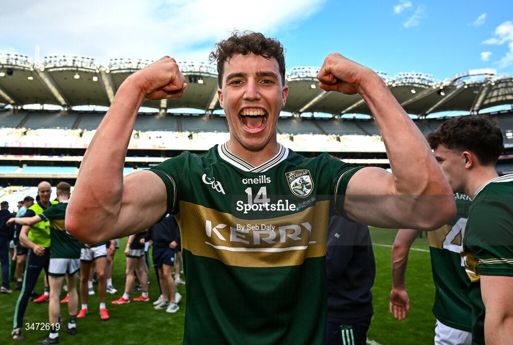 30 May 2026; Tomás Kennedy of Kerry celebrates after his side's victory in the Dalata Hotels Group GAA Football All-Ireland U20 Championship final match between Kerry and Tyrone at Croke Park in Dublin. Photo by Seb Daly/Sportsfile