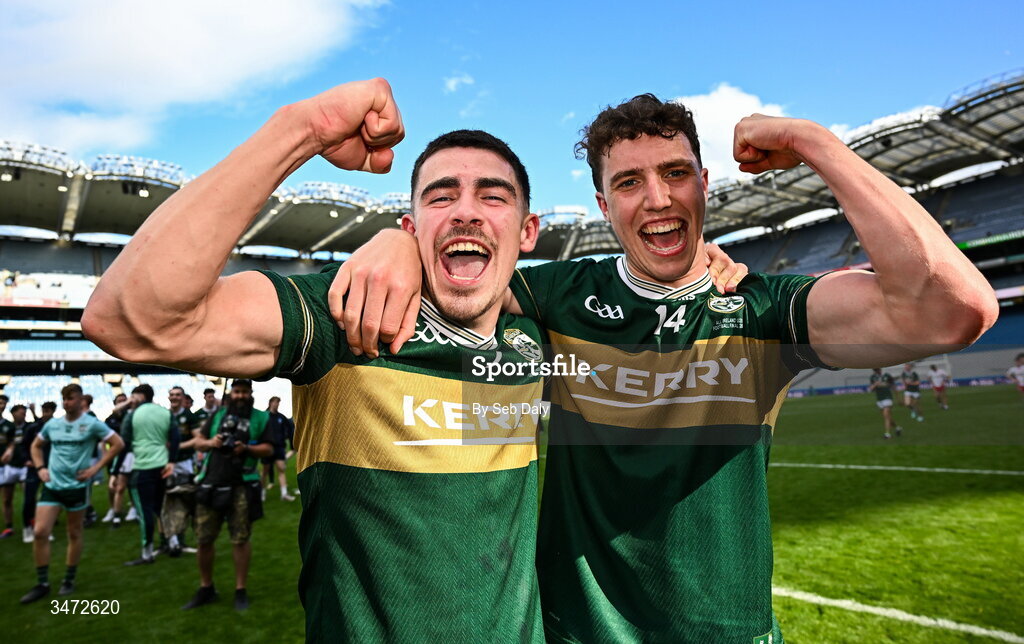 30 May 2026; Kerry players Pa Walsh, left, and Tomás Kennedy celebrate after their side's victory in the Dalata Hotels Group GAA Football All-Ireland U20 Championship final match between Kerry and Tyrone at Croke Park in Dublin. Photo by Seb Daly/Sportsfile