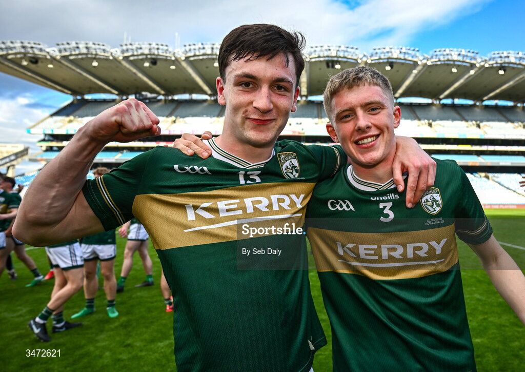 30 May 2026; Kerry players Ronan Carroll, left, and Gearóid Evans celebrate after their side's victory in the Dalata Hotels Group GAA Football All-Ireland U20 Championship final match between Kerry and Tyrone at Croke Park in Dublin. Photo by Seb Daly/Sportsfile