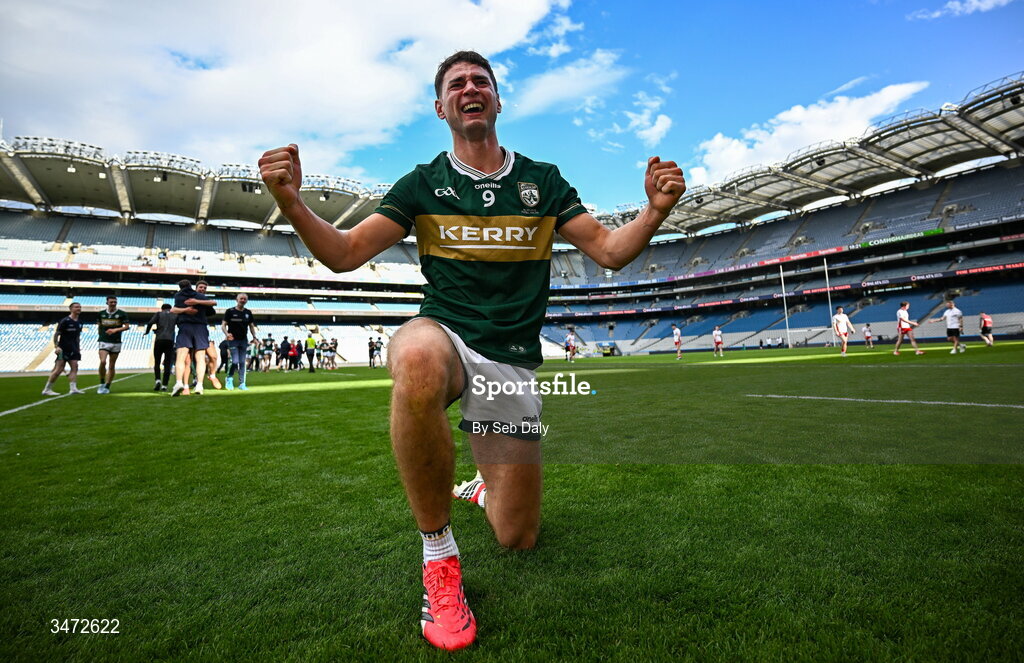 30 May 2026; Evan Boyle of Kerry celebrates after his side's victory in the Dalata Hotels Group GAA Football All-Ireland U20 Championship final match between Kerry and Tyrone at Croke Park in Dublin. Photo by Seb Daly/Sportsfile