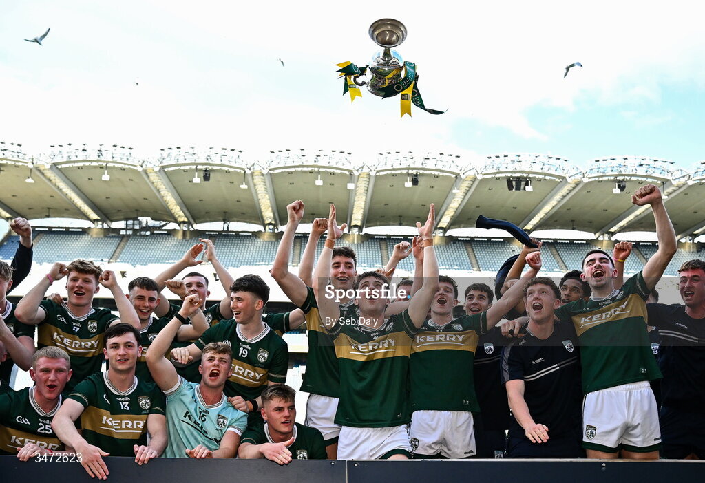 30 May 2026; Kerry captain Paddy Lane throws the Clarke Cup in the air as he celebrates with teammates after their side's victory in the Dalata Hotels Group GAA Football All-Ireland U20 Championship final match between Kerry and Tyrone at Croke Park in Dublin. Photo by Seb Daly/Sportsfile