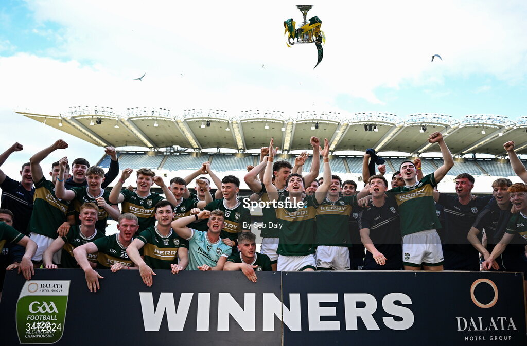 30 May 2026; Kerry captain Paddy Lane throws the Clarke Cup in the air as he celebrates with teammates after their side's victory in the Dalata Hotels Group GAA Football All-Ireland U20 Championship final match between Kerry and Tyrone at Croke Park in Dublin. Photo by Seb Daly/Sportsfile