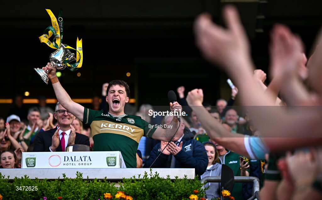 30 May 2026; Kerry captain Paddy Lane lifts the Clarke Cup after his side's victory in the Dalata Hotels Group GAA Football All-Ireland U20 Championship final match between Kerry and Tyrone at Croke Park in Dublin. Photo by Seb Daly/Sportsfile
