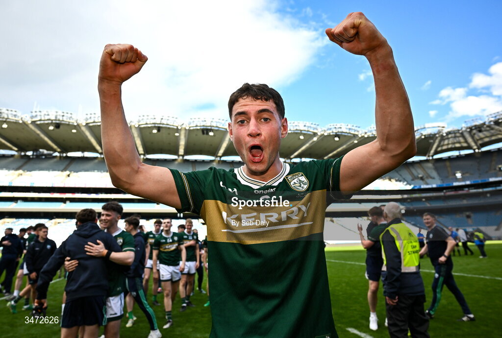 30 May 2026; Evan Boyle of Kerry celebrates after his side's victory in the Dalata Hotels Group GAA Football All-Ireland U20 Championship final match between Kerry and Tyrone at Croke Park in Dublin. Photo by Seb Daly/Sportsfile