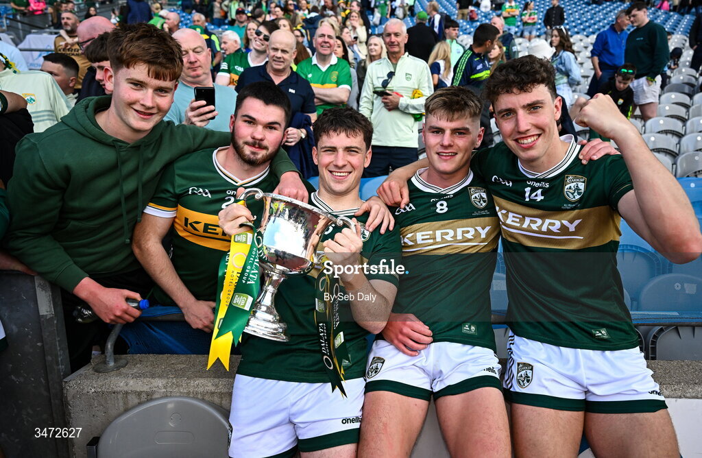 30 May 2026; Kerry players, from right, Tomás Kennedy, Daniel Kirby, and Paddy Lane celebrate with supporters after the Dalata Hotels Group GAA Football All-Ireland U20 Championship final match between Kerry and Tyrone at Croke Park in Dublin. Photo by Seb Daly/Sportsfile
