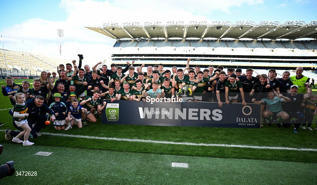30 May 2026; Kerry players and coaches celebrate after their side's victory in the Dalata Hotels Group GAA Football All-Ireland U20 Championship final match between Kerry and Tyrone at Croke Park in Dublin. Photo by Seb Daly/Sportsfile