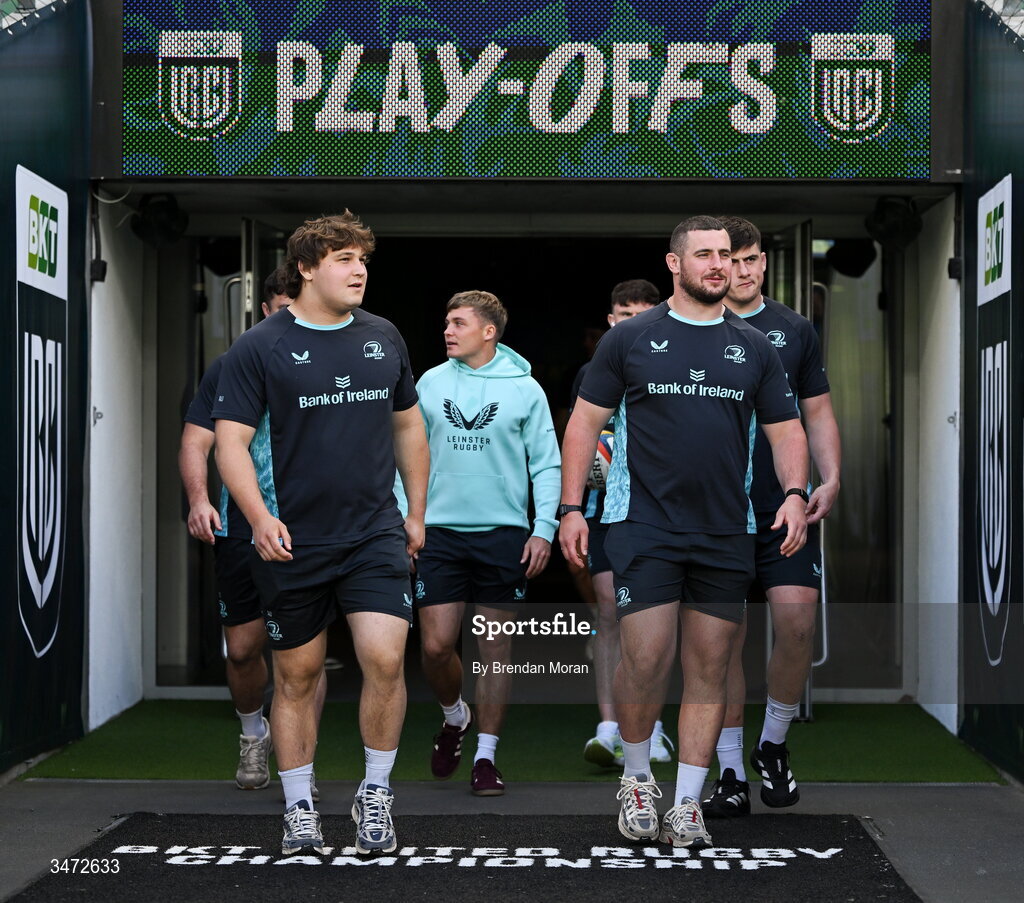 30 May 2026; Alex Usanov, left, and Jerry Cahir of Leinster before the United Rugby Championship quarter-final match between Leinster and Lions at the Aviva Stadium in Dublin. Photo by Brendan Moran/Sportsfile