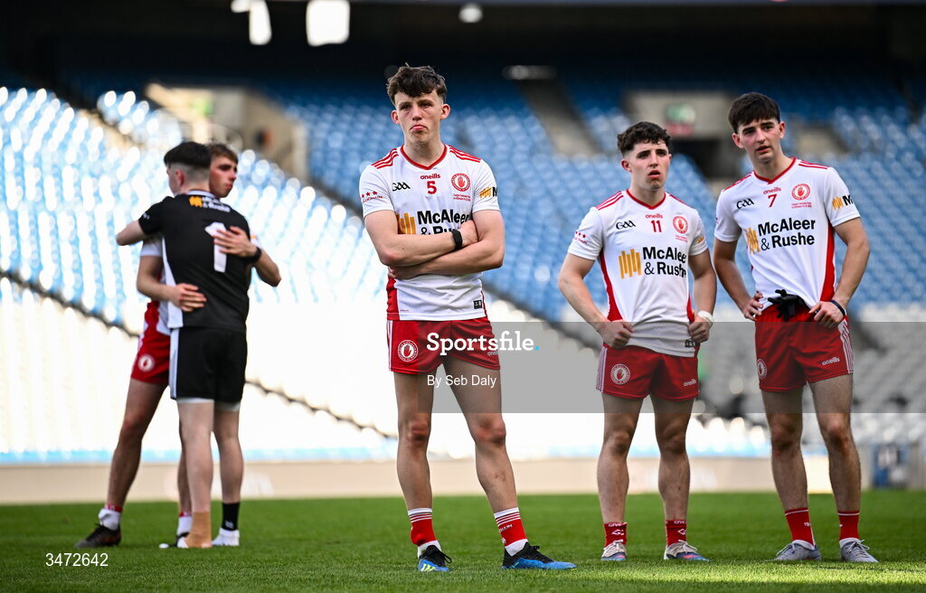 30 May 2026; Aodhán Quinn of Tyrone and teammates after his side's defeat in the Dalata Hotels Group GAA Football All-Ireland U20 Championship final match between Kerry and Tyrone at Croke Park in Dublin. Photo by Seb Daly/Sportsfile