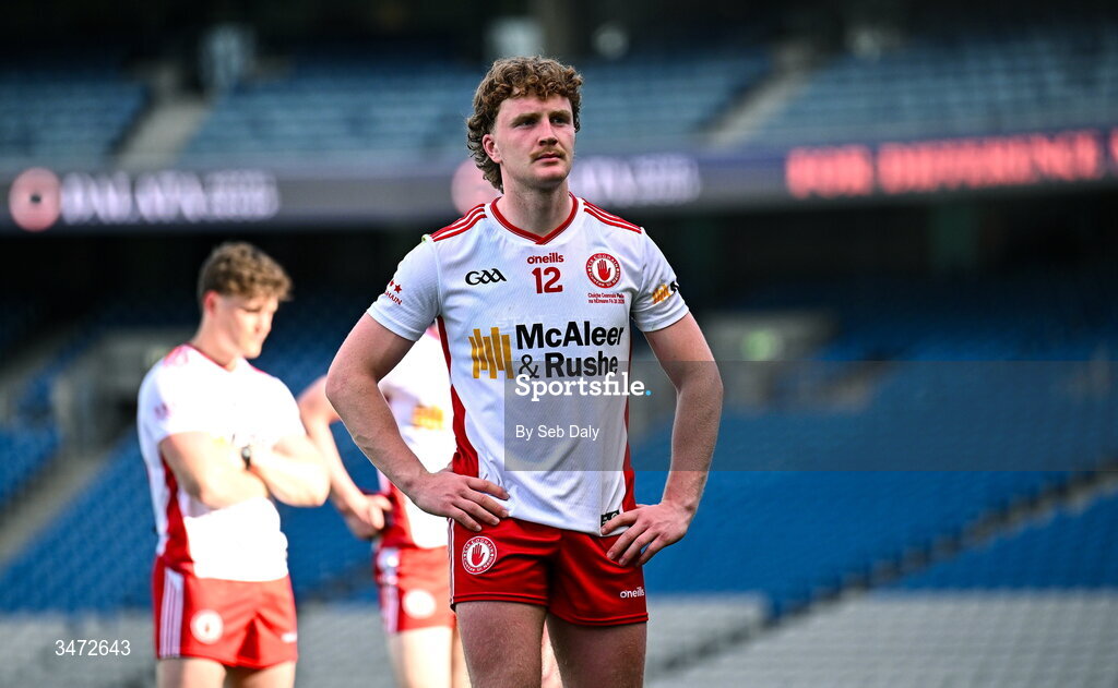 30 May 2026; Turlough Muldoon of Tyrone after his side's defeat in the Dalata Hotels Group GAA Football All-Ireland U20 Championship final match between Kerry and Tyrone at Croke Park in Dublin. Photo by Seb Daly/Sportsfile