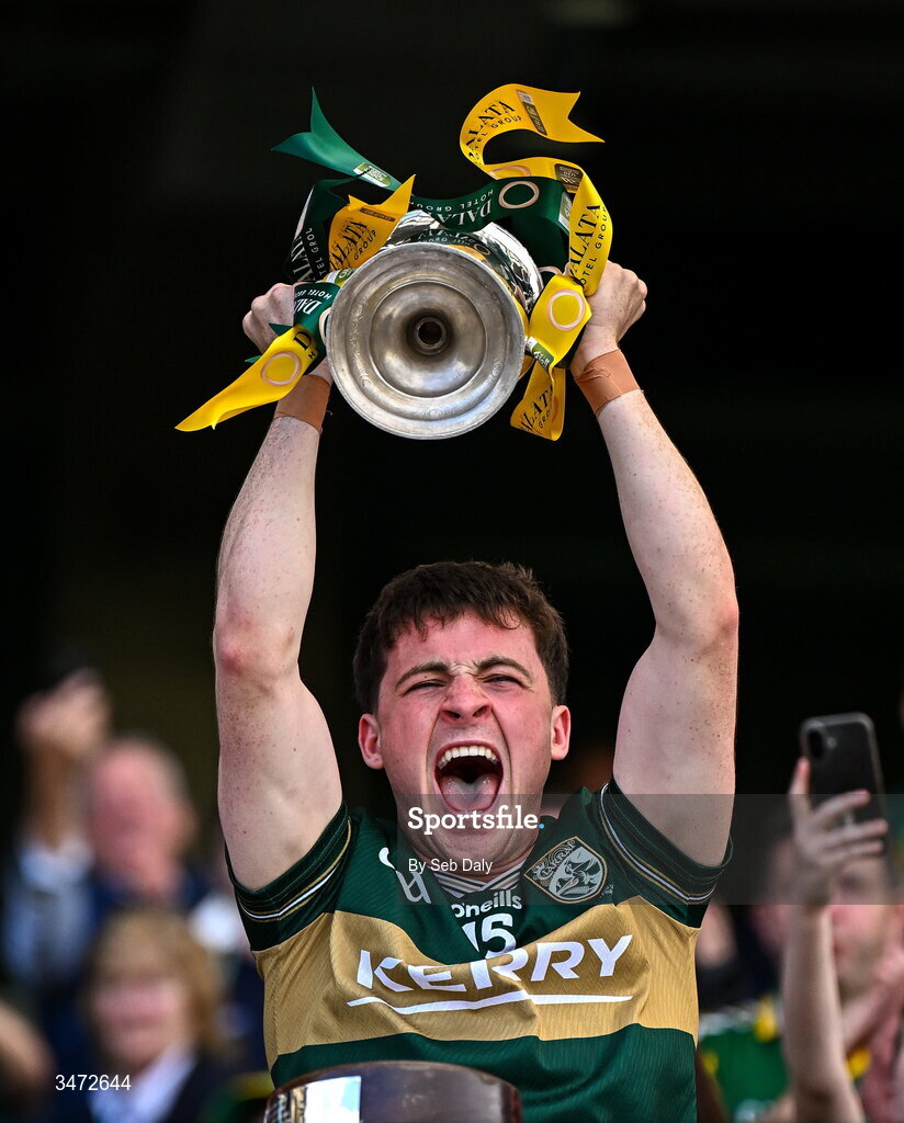 30 May 2026; Kerry captain Paddy Lane lifts the Clarke Cup after his side's victory in the Dalata Hotels Group GAA Football All-Ireland U20 Championship final match between Kerry and Tyrone at Croke Park in Dublin. Photo by Seb Daly/Sportsfile