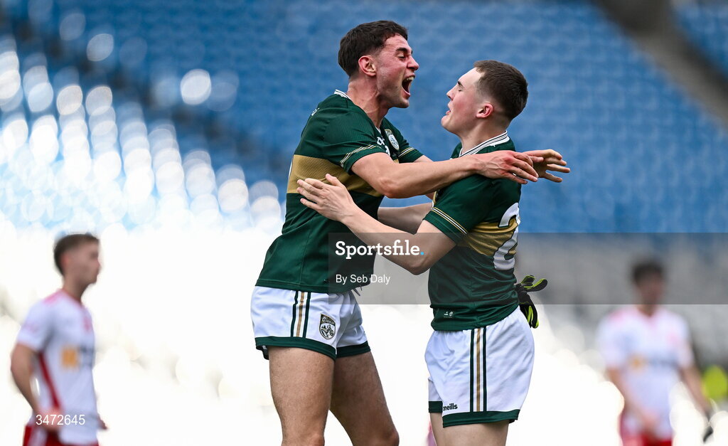30 May 2026; Kerry players Evan Boyle, left, and Mark O’Carroll celebrate after their side's victory in the Dalata Hotels Group GAA Football All-Ireland U20 Championship final match between Kerry and Tyrone at Croke Park in Dublin. Photo by Seb Daly/Sportsfile