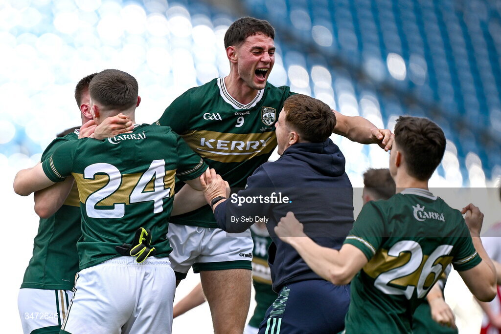 30 May 2026; Evan Boyle of Kerry, top, celebrates with teammates after their side's victory in the Dalata Hotels Group GAA Football All-Ireland U20 Championship final match between Kerry and Tyrone at Croke Park in Dublin. Photo by Seb Daly/Sportsfile