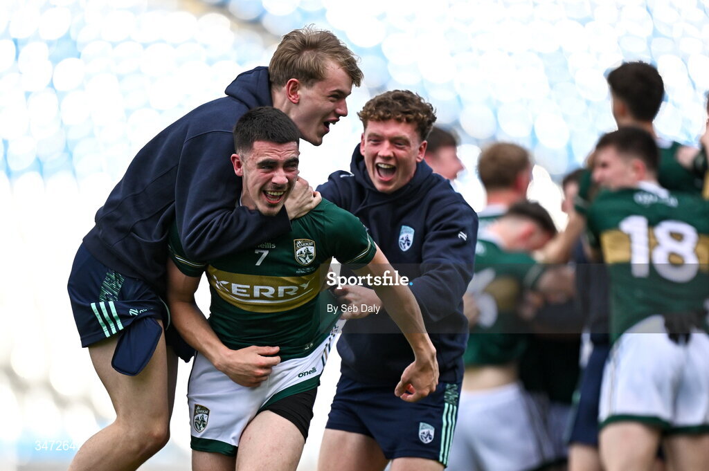30 May 2026; Pa Walsh of Kerry, centre, celebrates with teammates after their side's victory in the Dalata Hotels Group GAA Football All-Ireland U20 Championship final match between Kerry and Tyrone at Croke Park in Dublin. Photo by Seb Daly/Sportsfile