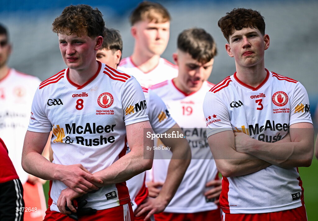 30 May 2026; Tyrone players Enda Donaghy, left, and Luke Neeson after their side's defeat in the Dalata Hotels Group GAA Football All-Ireland U20 Championship final match between Kerry and Tyrone at Croke Park in Dublin. Photo by Seb Daly/Sportsfile