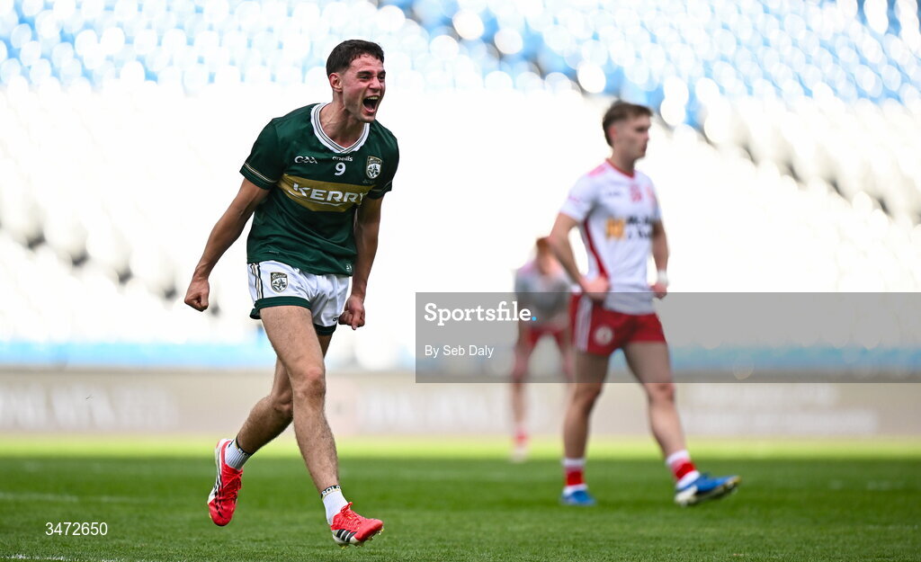30 May 2026; Evan Boyle of Kerry celebrates after his side's victory in the Dalata Hotels Group GAA Football All-Ireland U20 Championship final match between Kerry and Tyrone at Croke Park in Dublin. Photo by Seb Daly/Sportsfile