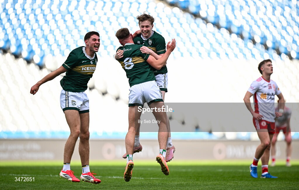 30 May 2026; Kerry players, from right, Killian Dennehy, Daniel Kirby, and Evan Boyle celebrate after their side's victory in the Dalata Hotels Group GAA Football All-Ireland U20 Championship final match between Kerry and Tyrone at Croke Park in Dublin. Photo by Seb Daly/Sportsfile