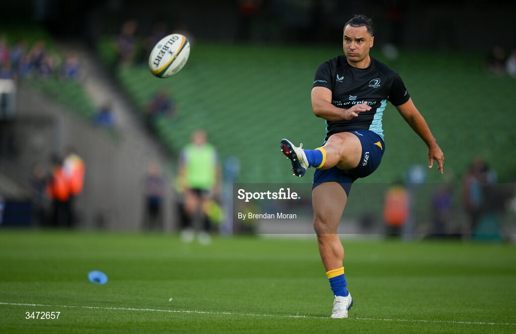 30 May 2026; James Lowe of Leinster before the United Rugby Championship quarter-final match between Leinster and Lions at the Aviva Stadium in Dublin. Photo by Brendan Moran/Sportsfile