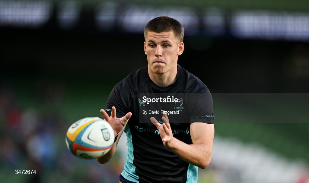 30 May 2026; Sam Prendergast of Leinster before the United Rugby Championship quarter-final match between Leinster and Lions at the Aviva Stadium in Dublin. Photo by David Fitzgerald/Sportsfile