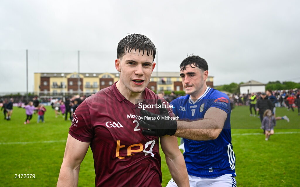 30 May 2026; Daniel Scahill of Westmeath is approached by Ryan Donohoe of Cavan, after the match and before a tussle involving both sides, at the GAA Football All-Ireland Senior Championship Round 1 match between Westmeath and Cavan at TEG Cusack Park in Mullingar, Westmeath. Photo by Piaras Ó Mídheach/Sportsfile