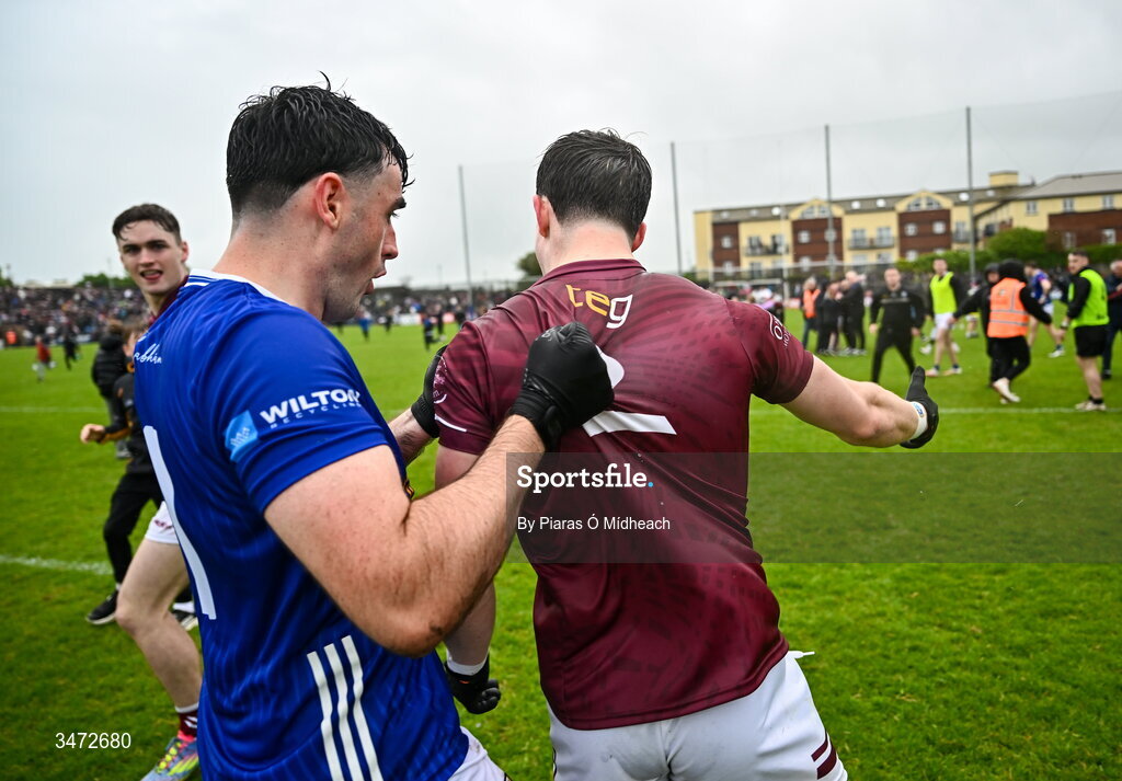 30 May 2026; Daniel Scahill of Westmeath is approached by Ryan Donohoe of Cavan, after the match and before a tussle involving both sides, at the GAA Football All-Ireland Senior Championship Round 1 match between Westmeath and Cavan at TEG Cusack Park in Mullingar, Westmeath. Photo by Piaras Ó Mídheach/Sportsfile