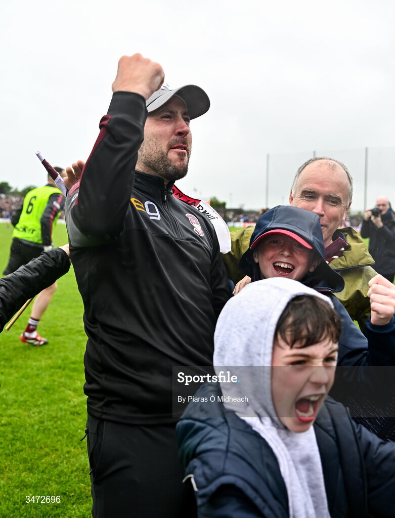 30 May 2026; Westmeath manager Mark McHugh celebrates with supporters after the GAA Football All-Ireland Senior Championship Round 1 match between Westmeath and Cavan at TEG Cusack Park in Mullingar, Westmeath. Photo by Piaras Ó Mídheach/Sportsfile